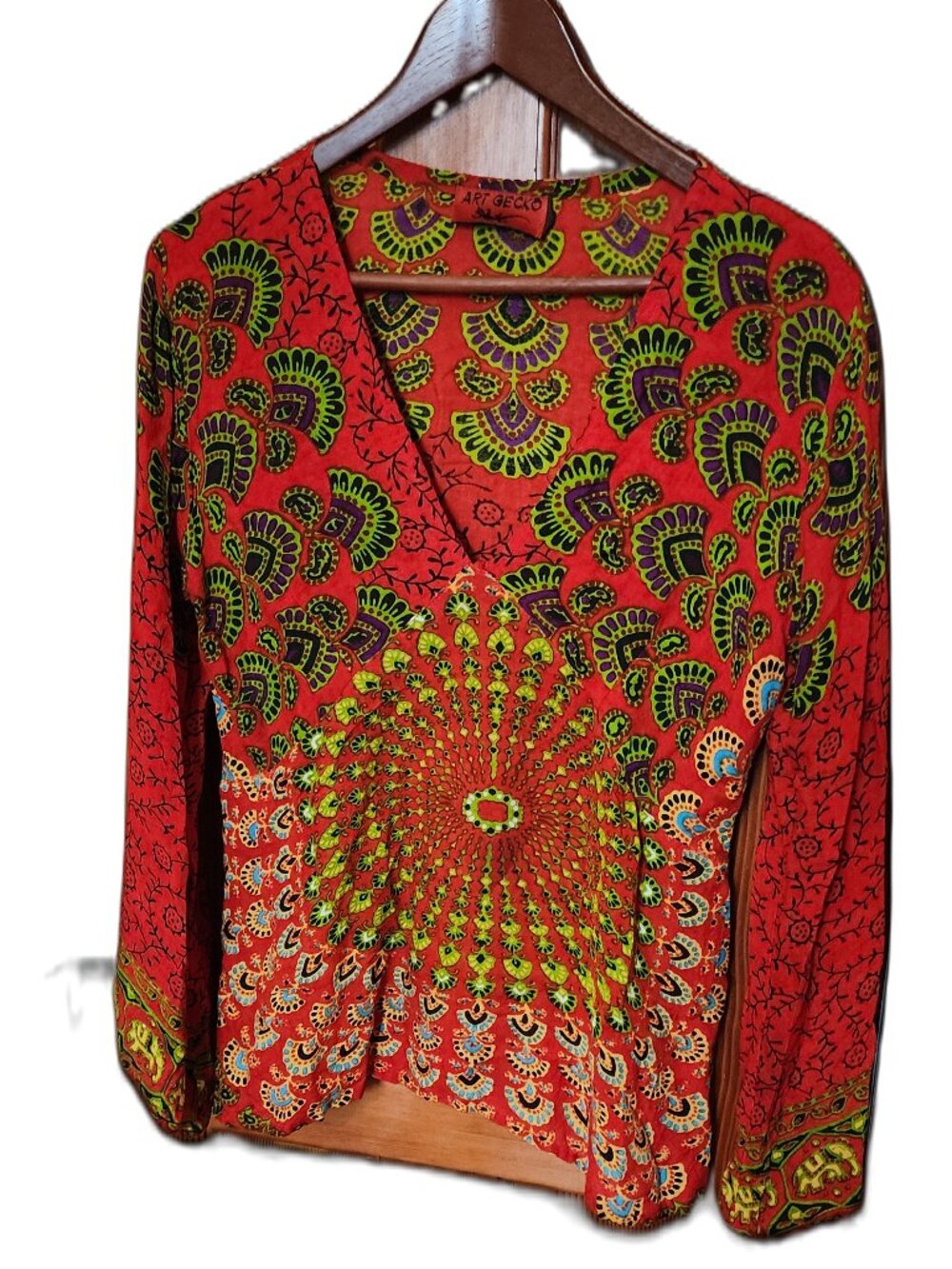 Art Gecko Bohemian Top / Tunic Red Multi, V neck, Bias Cut